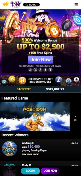 DuckyLuck mobile site open in a phone browser