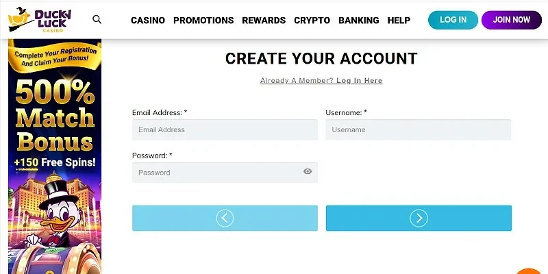 DuckyLuck registration form